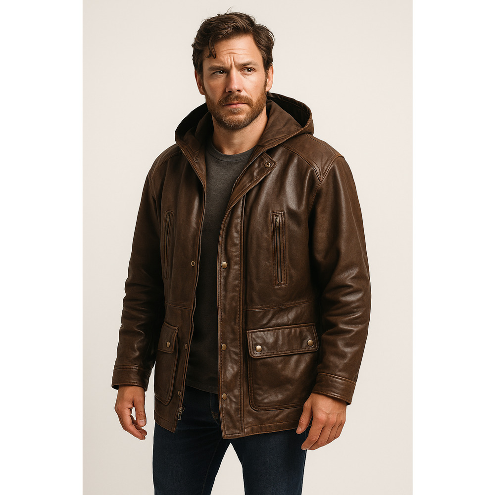 Direct Action NY Mens Leather Jacket Field Parka coat hooded Brown sz S 90s VTG